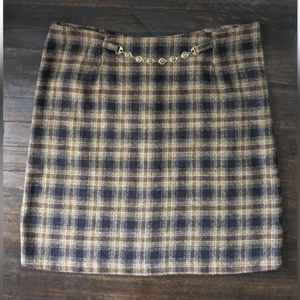 Vintage Plaid Wool Skirt with Chain Belt